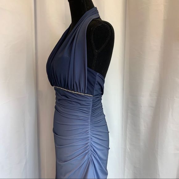 Bellissima Blue ombre halter top ruched side ruffle formal bridesmaid prom gown - Picture 4 of 12